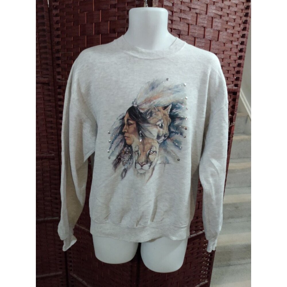 Vintage Jan Taylor Sweatshirt Native American Print Cougar Adult Large 90s